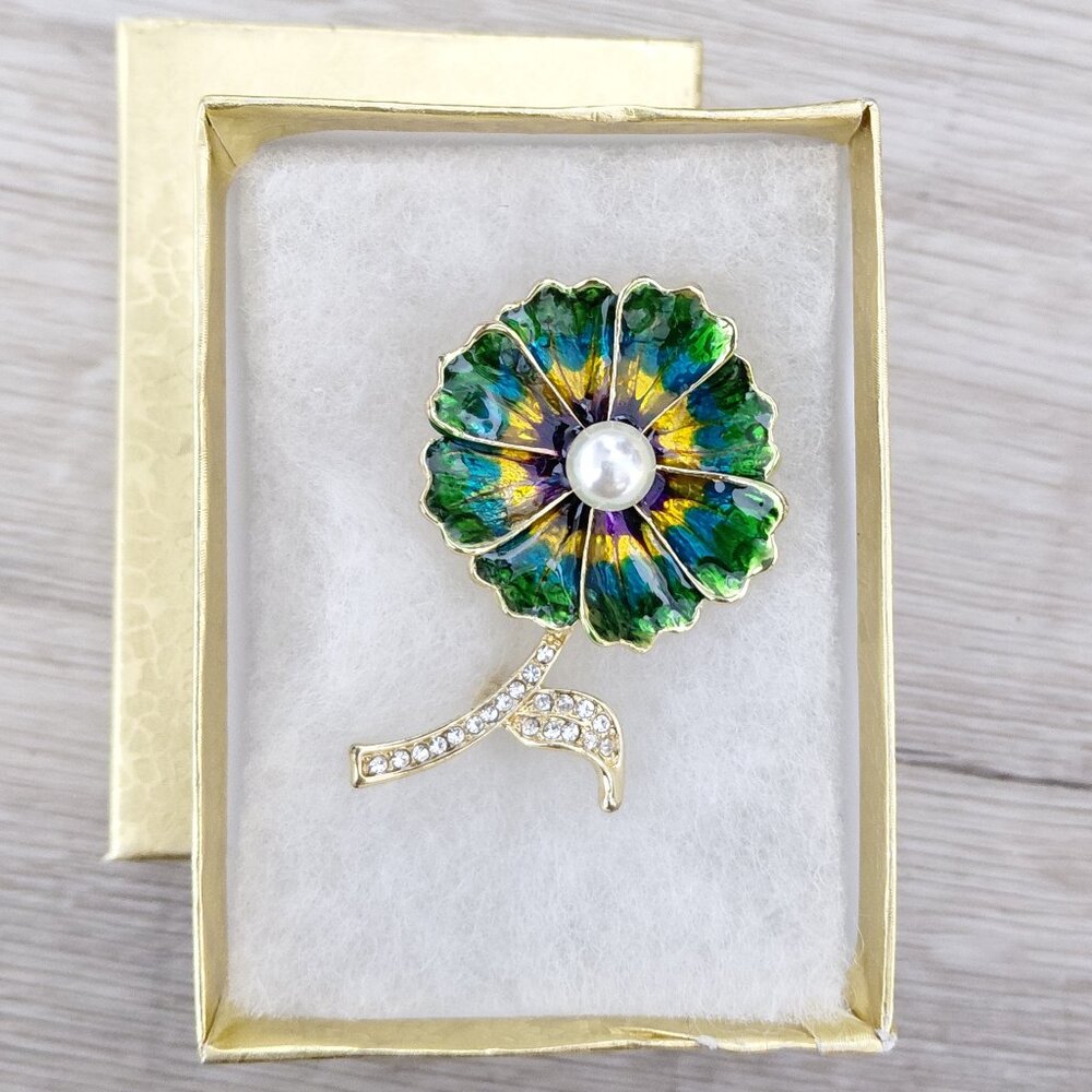 Shiny Green and Yellow Brooch with Imitation Pearl and Clear Crystals